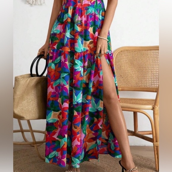 Allover VCay Floral Print Split Thigh Cami Dress. - Picture 7 of 9